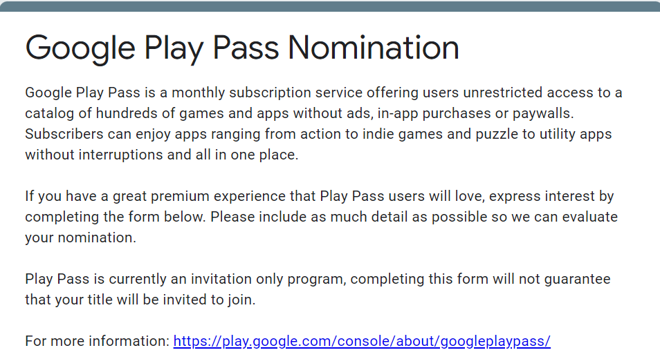 Google Play Pass Nomination