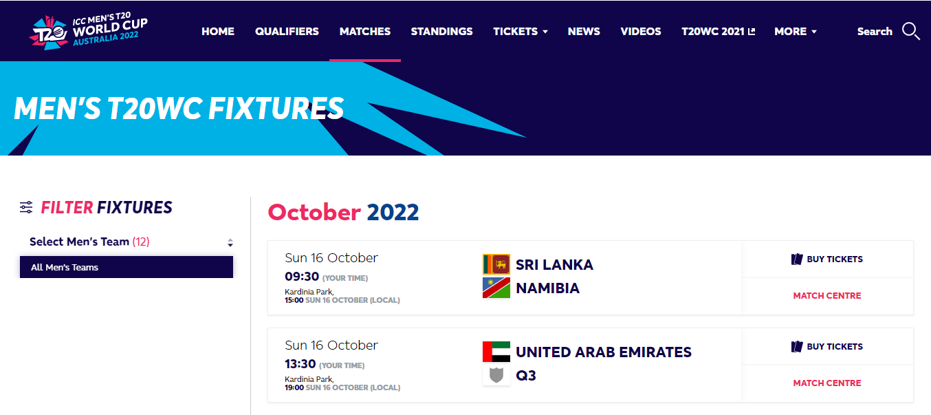 ICC World cup 2022 match fixture