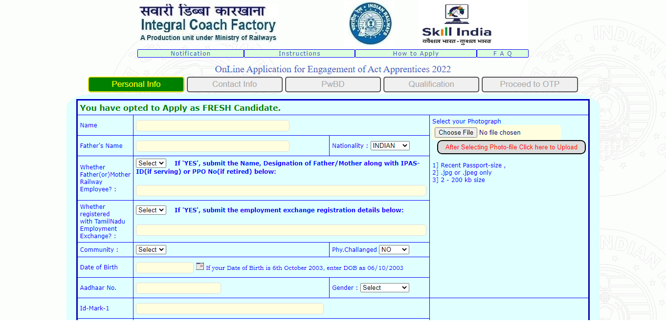 Railway ICF Apprentice Application Form 