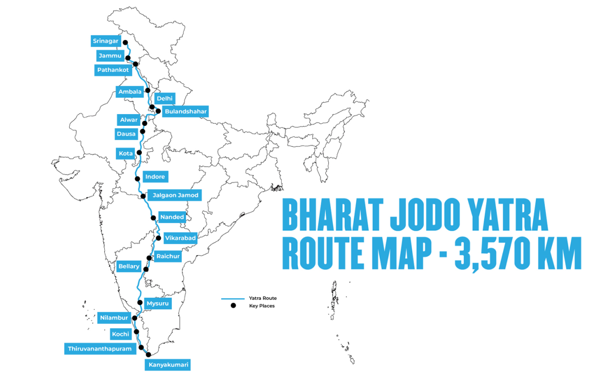 Map Of Bharat Jodo Yatra 2022